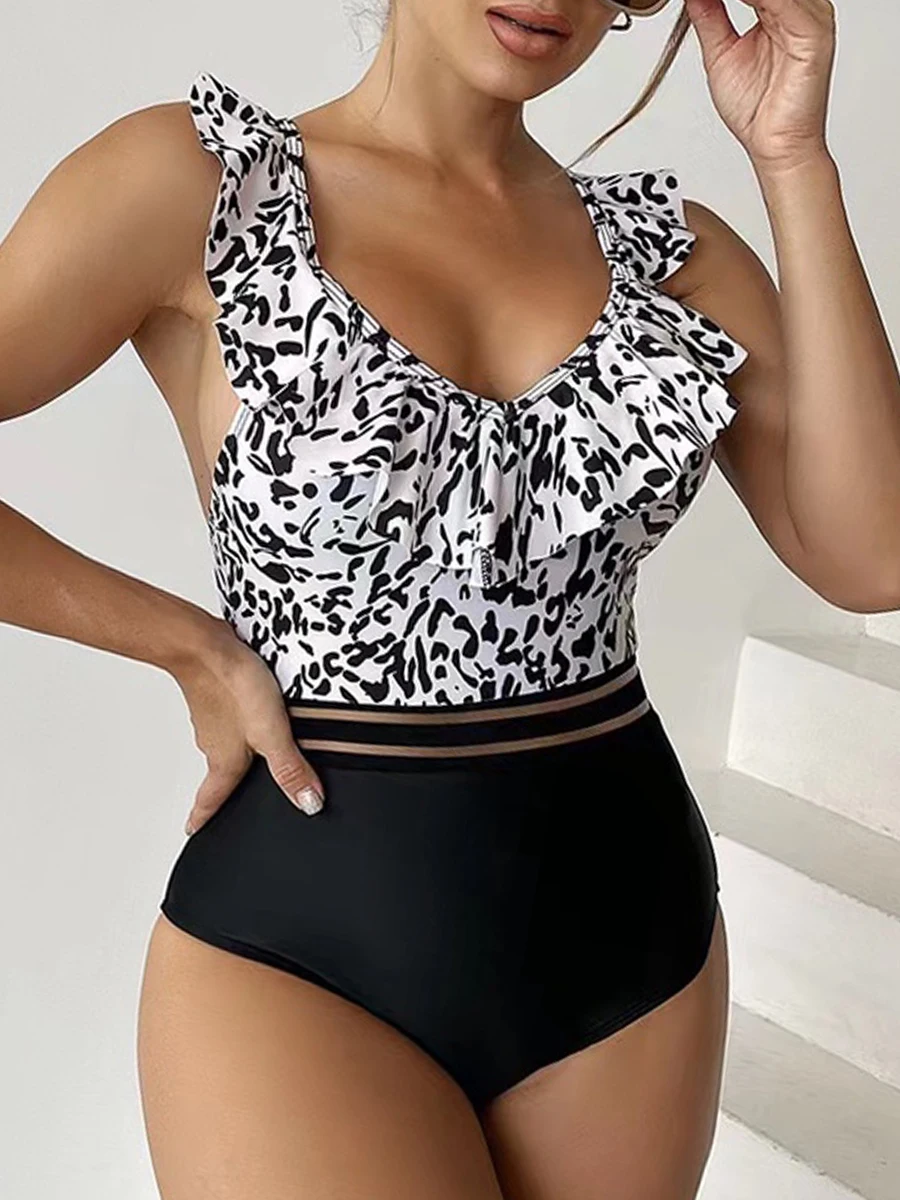 Leopard Ruffle  One Piece Swimsuit Women 2024 High Waist Mesh Tape Swimwear Female Beachwear V-neck Bathing Swimming Suit Summer