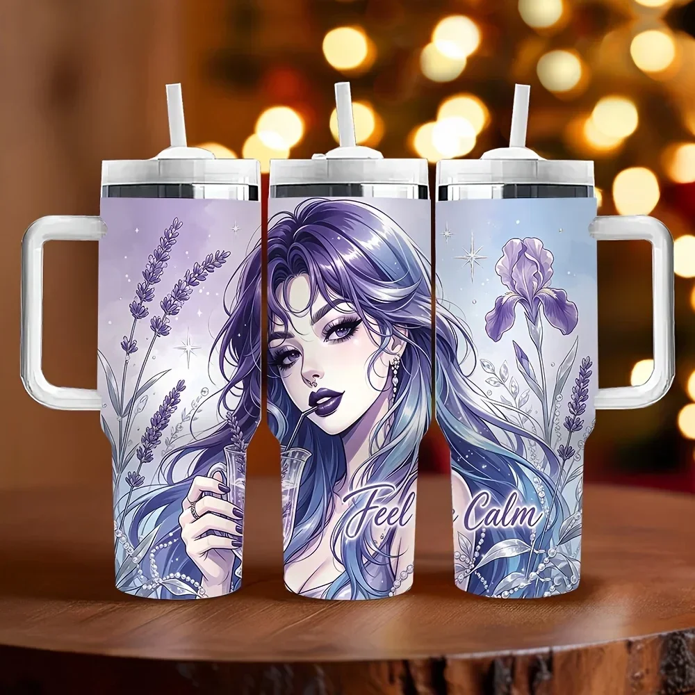 40Oz Tumbler with Handle And Straw, Purple Anime Girl Lavender Iris Print Long-Lasting Insulated Cup, Ideal Birthday Holiday Gift for Women, Suitable for Daily Use And Outdoor Activities