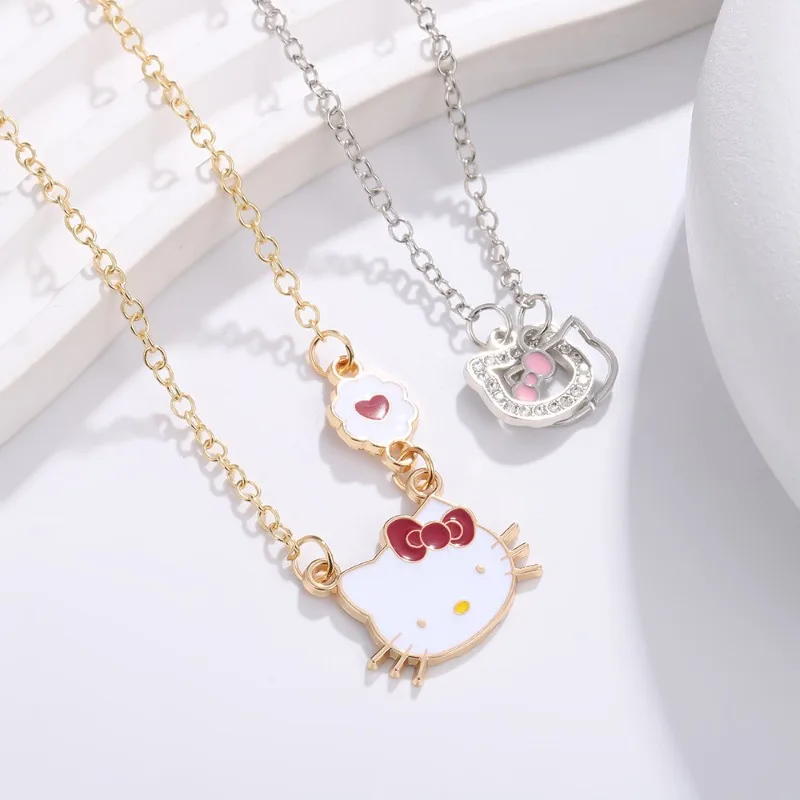 

New Kawaii Sanrio Hello Kitty Necklace Pendant Double Ring Clavicle Chain Charm Buckle Anime Jewelry Gift
