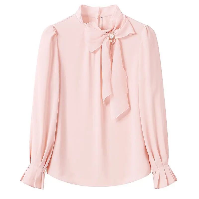 Office Lady 2023 Spring Autumn Solid Color All-match Stand Collar Blouse Fashion Bow Three-dimensional Decoration Ruffles Shirt