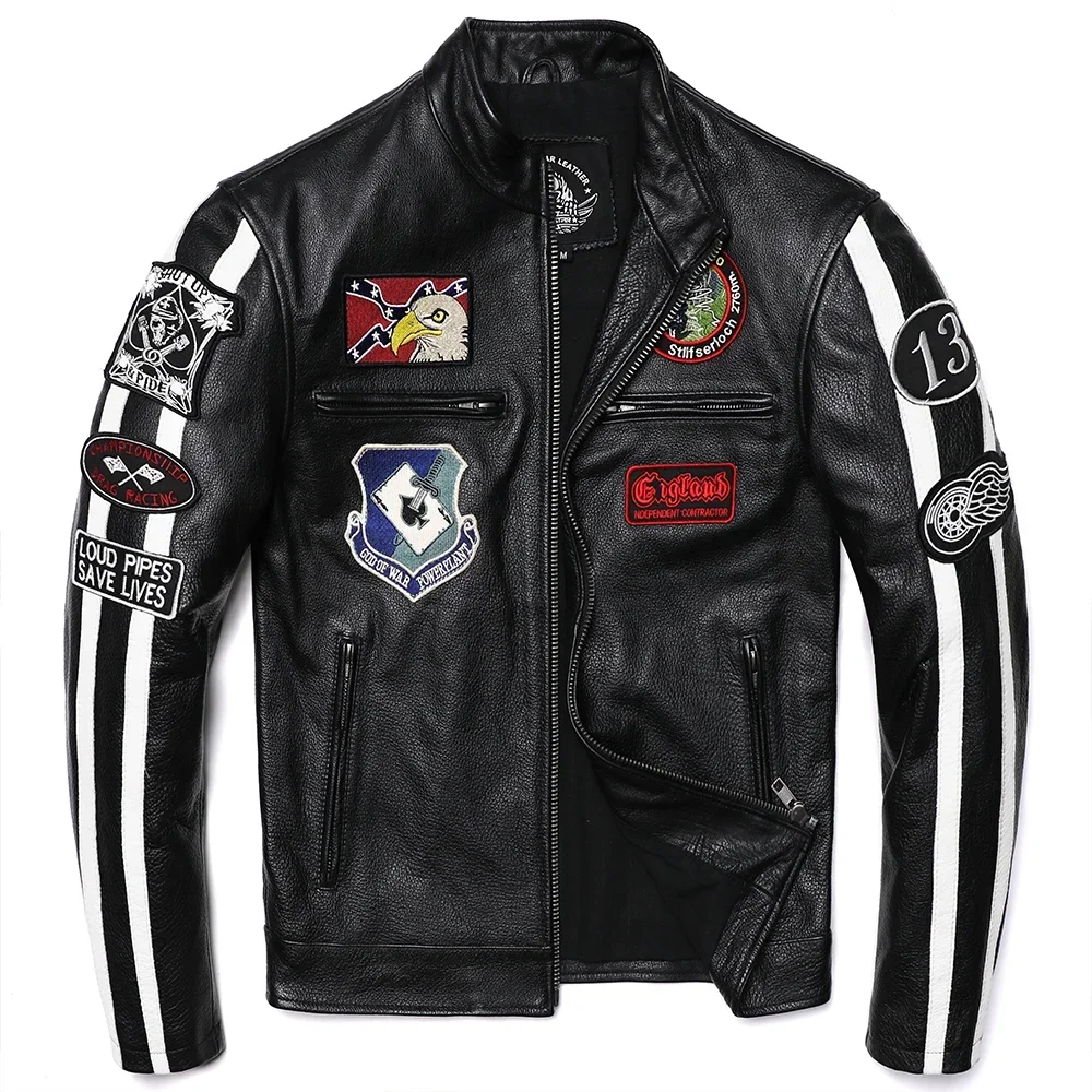

New Embroidery Motorcycle Biker Genuine Leather Jacket Men's Natural Cowhide Quality Coat Slim Short Clothing Jakcets