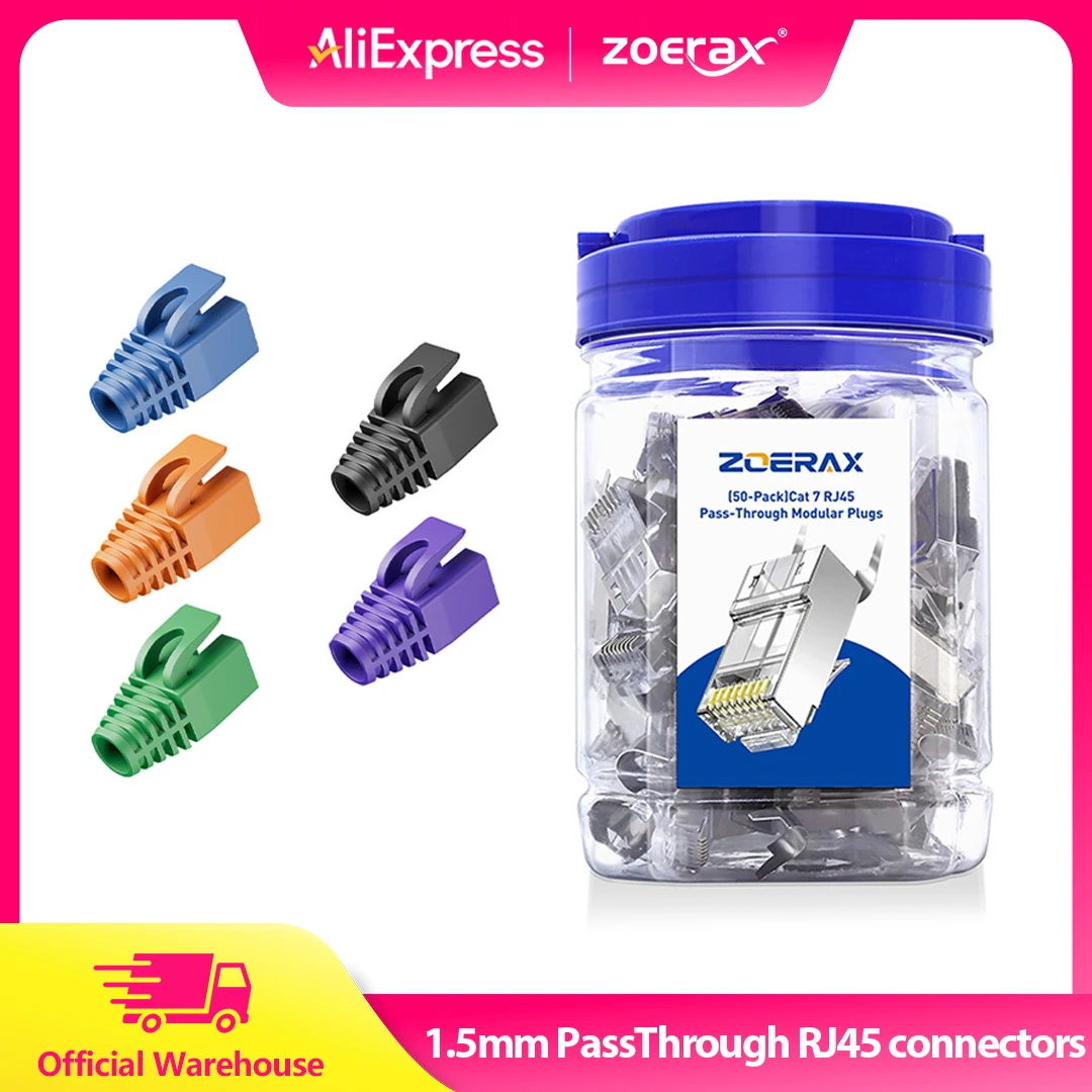ZOERAX 50PCS Shielded RJ45 Cat7 Cat6A Pass Through connectors kit 3 Prong 8P8C Gold Plated 2-Piece Plug with Strain Relief Boots