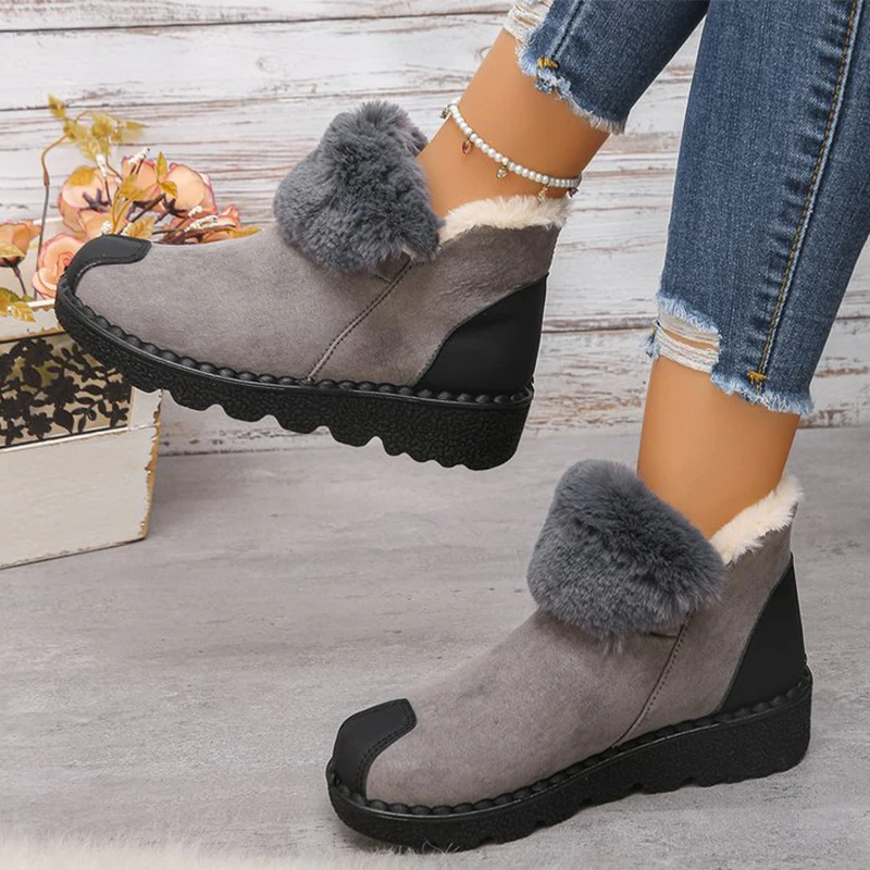 

Gray Wedges Fur Boots for Women Winter Thick Plush Coldproof Warm Snow Boots Woman Platform Outdoor Non Slip Cotton Shoes