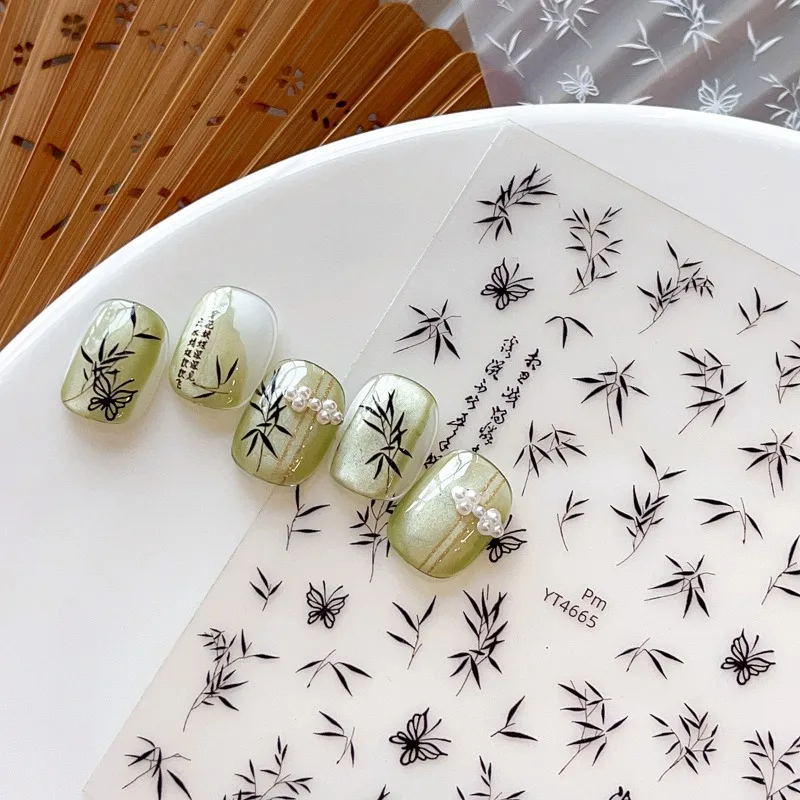 1pcs Nail Stickers Minimalist Bamboo and Chinese-Style Text Trendy DIY Nail Art Popular on Social Media—Perfect for Girls