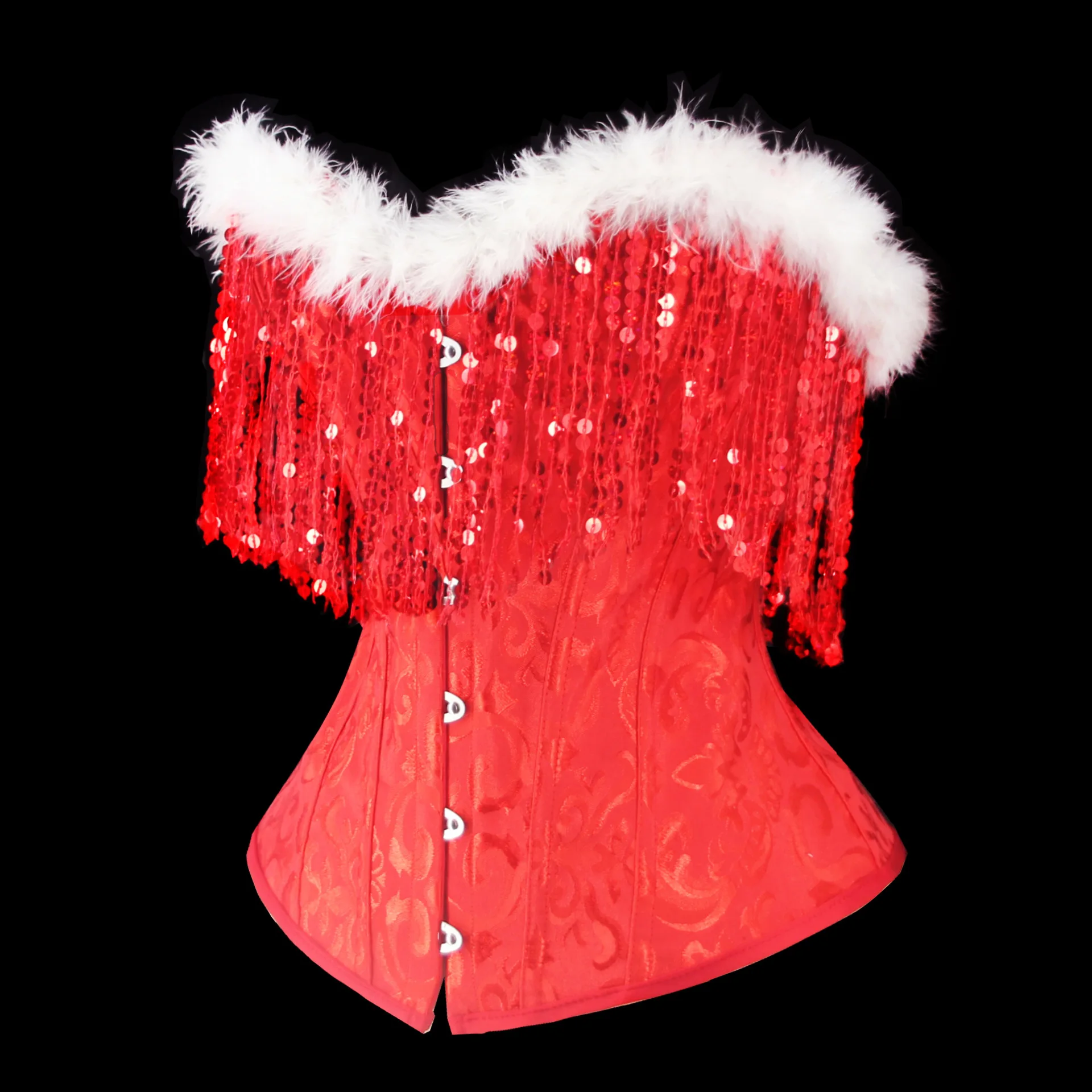 

Christmas Corset Tops with Sequined Tassels Women Overbust Bandage Vest Party Night Korsett Costumes Rave Bustier Boned Camisole