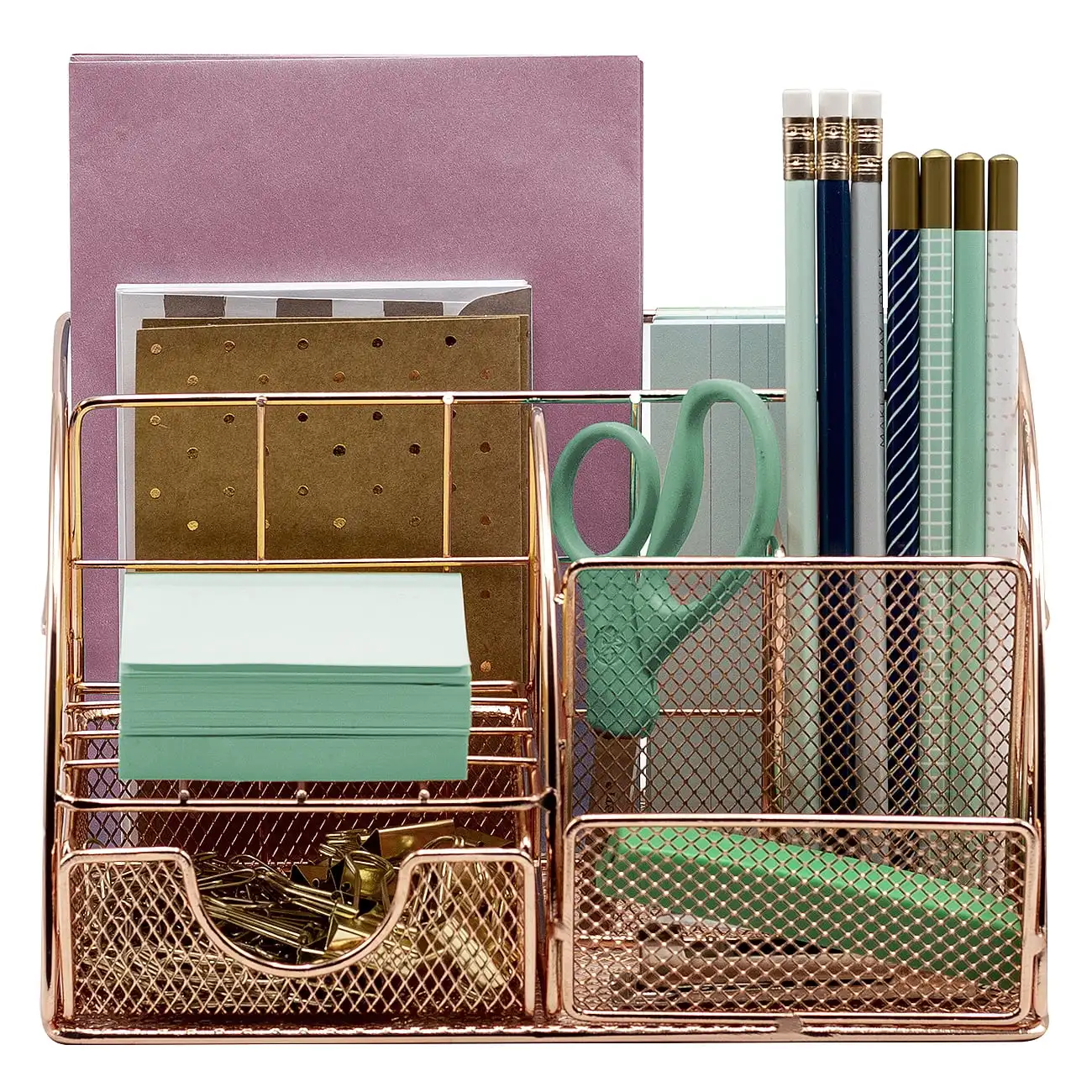 

Sorbus Rose Gold Desk Organizer: Pen Holder, Mail Caddy, with Drawer for Office or Home