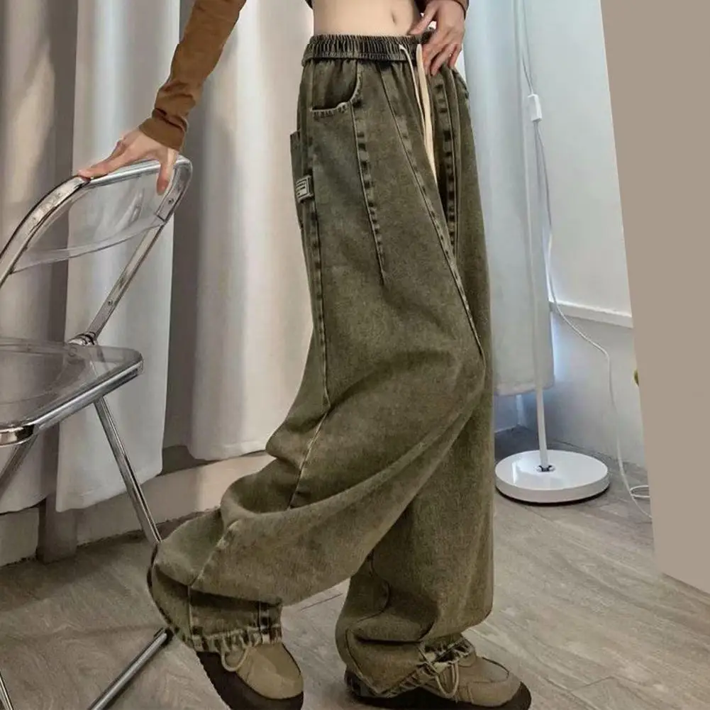 Stretchy Denim Pants Vintage Wide Leg Denim Jeans with Elastic Waist Crotch Pockets for Women Hop Streetwear Fashion Statement