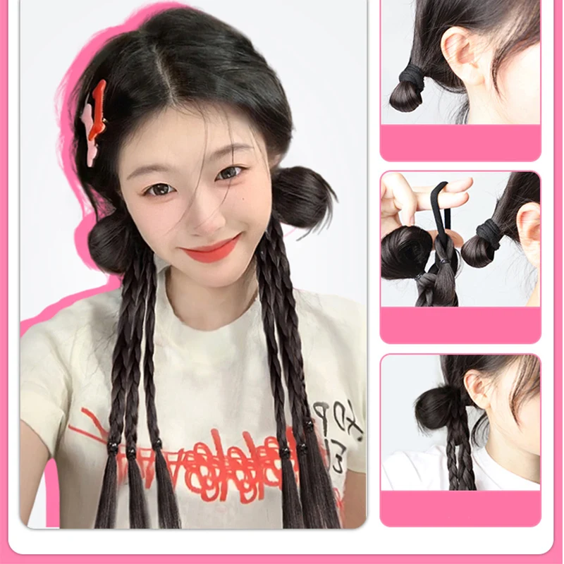 2 pieces Synthetic Long Ponytail Extensions Boxing Braids Wrap Around Chignon Tail With Rubber Band Hair Ring Dreadlocks Heat Re