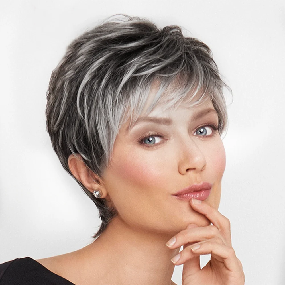 

10 Inch Synthetic Black mixed with white Wigs For Women Short Curly Wig Daily Use Party Suitable For Halloween and Christmas