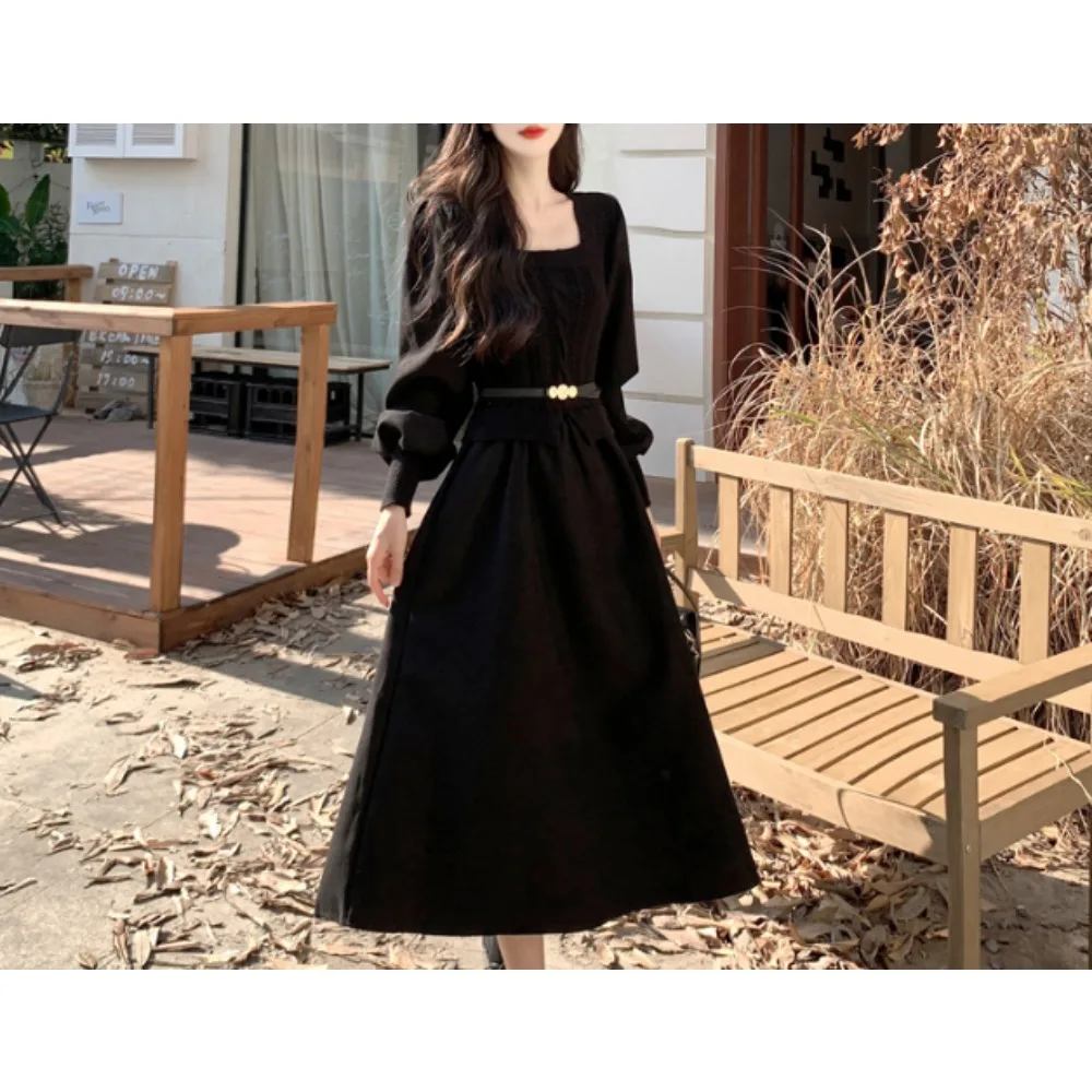 

Элегантные винтажные тонкие вязаные платья с квадратным вырезом из двух частей, сказочные платья, вечерняя уличная женская одежда больших размеров