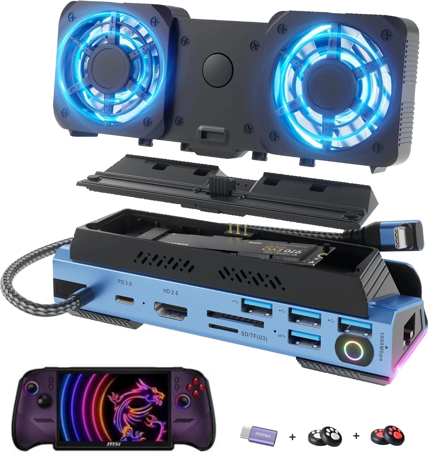13-in-1 Docking Station Dismantling Dual-Cool Fans for MSI Claw 8 EX AI+,M.2 NVMe Enclosure,4K@60Hz,4 USB Ports,100W PD Charging