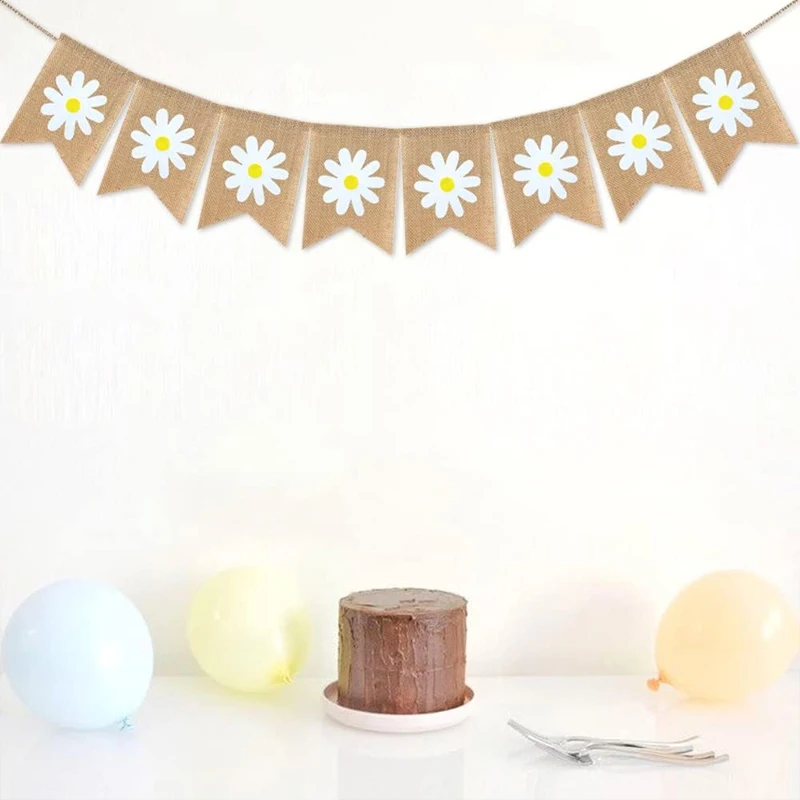 Jute-Sackleinen-Gänseblümchen-Banner, rustikale Girlande, Gänseblümchen-Blume für Frühling und Sommer, Mottoparty, Dekoration, Geschenk, Heimmantel, Kaminzubehör – Detail 2
