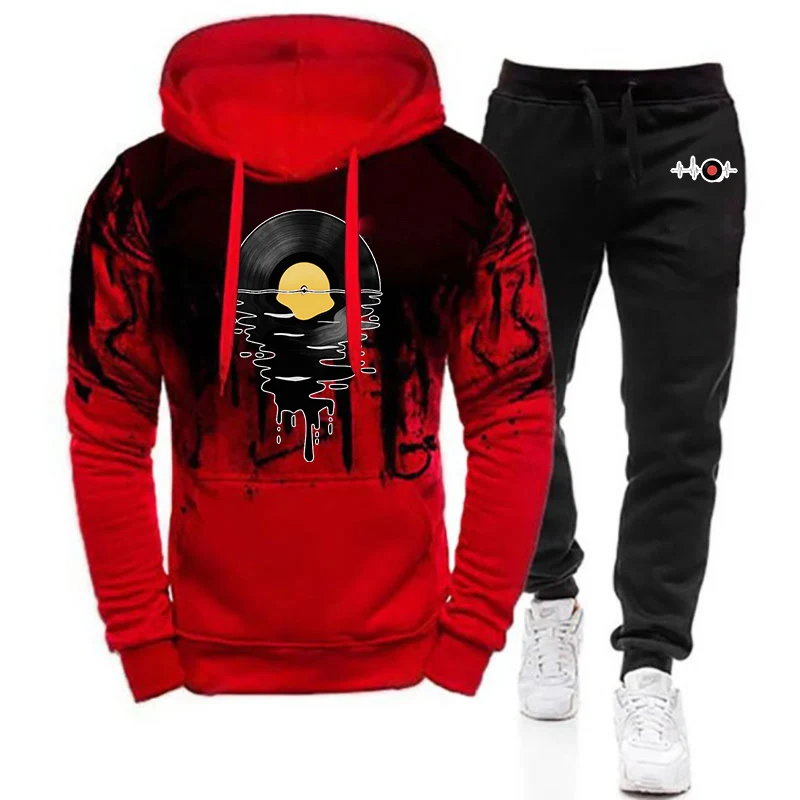 Music Lover Men's New Gradient Color Set 2025 Spring And Autumn DJ Phonograph Record Print Sportswear Long Pants Suit