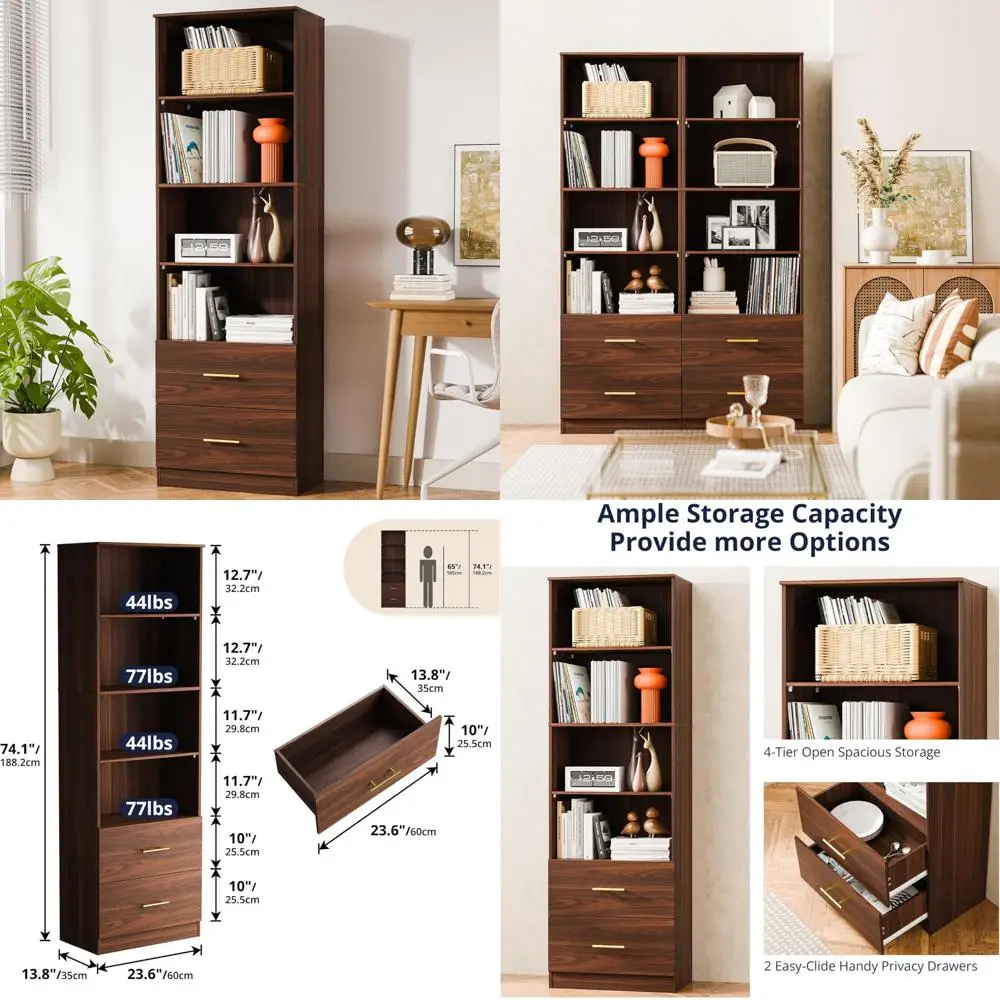 4-Tier Adjustable Bookshelf with Drawers, 74.1 Tall, 23.6 Wide, Open Storage Shelves for Books and More