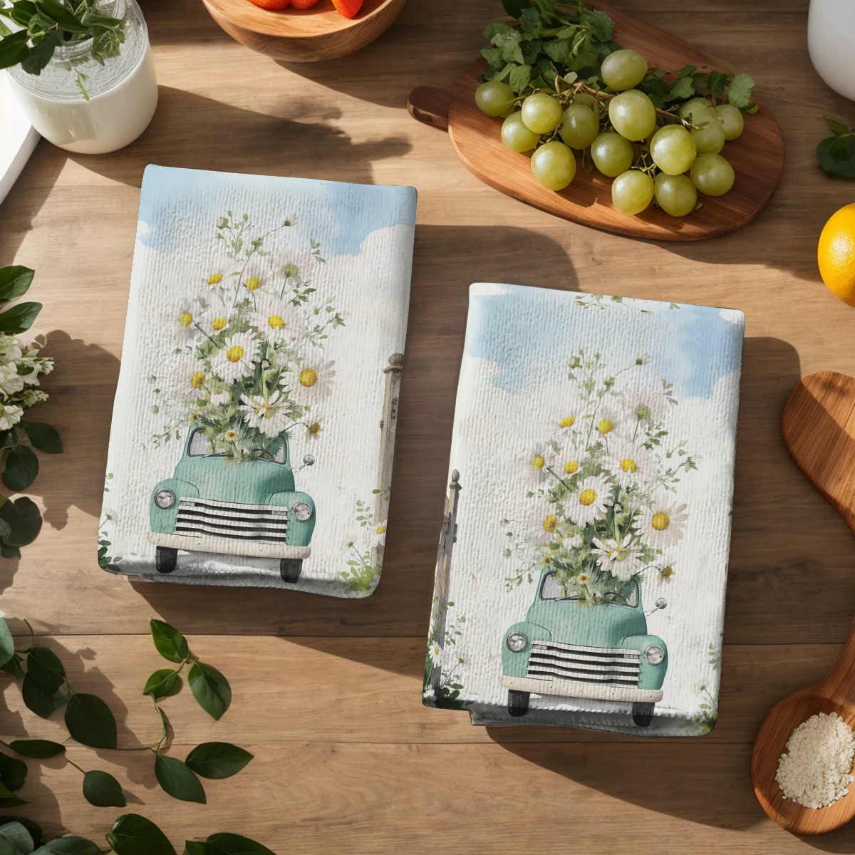 Daisy & Vintage Truck Pattern Polyester Dish Towel, Kitchen Towel, Dish Cloth - Stylish Linen For Daily Kitchen Cleaning Use