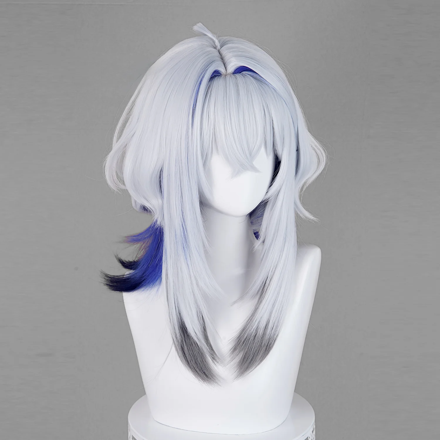 Peruka do cosplayu Galbrena z gry Wuthering Waves, jasnosrebrno-biała z ciemnoniebieskimi końcówkami, włosy do cosplayu na Comicon, imprezę, dla dorosłych kobiet i mężczyzn.