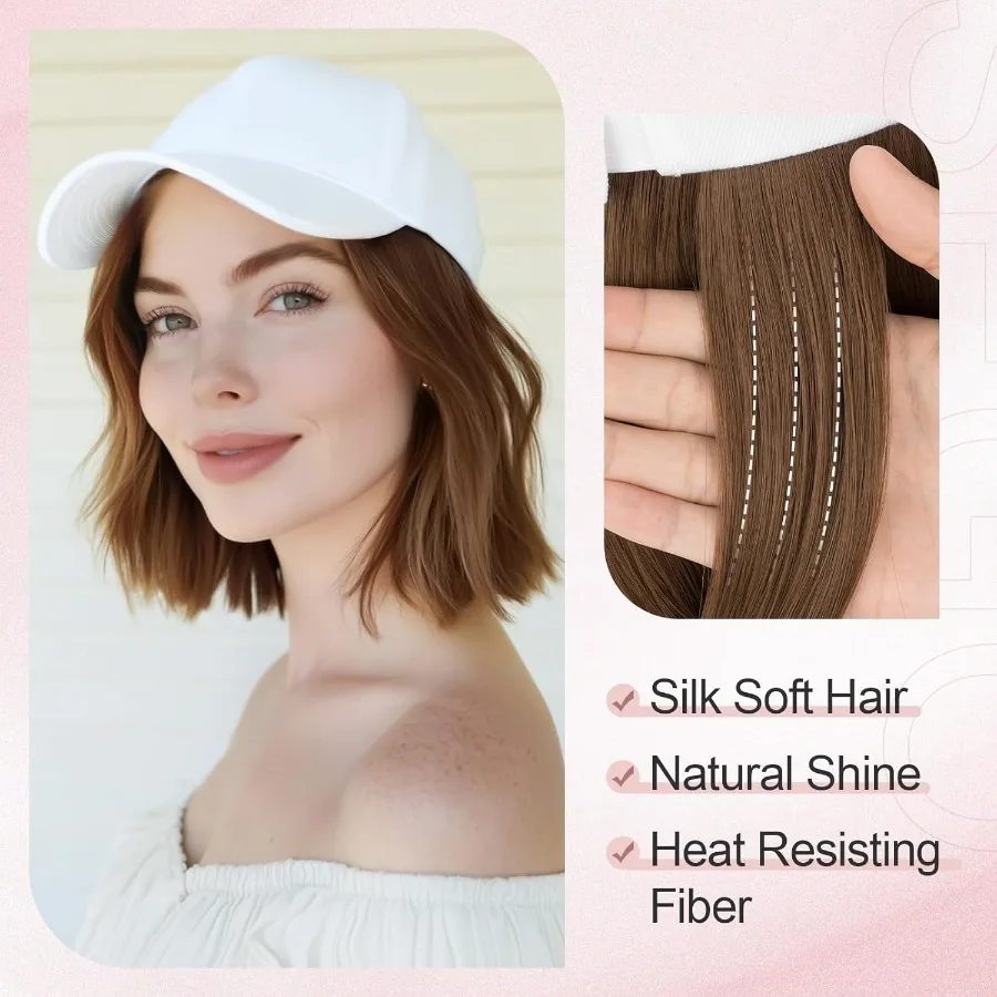 قبعة بيسبول صناعية مقاومة للحرارة مع وصلات شعر قصيرة مستقيمة قابلة للتعديل مقاس 6 بوصات للنساء قطعة شعر بيضاء بديلة