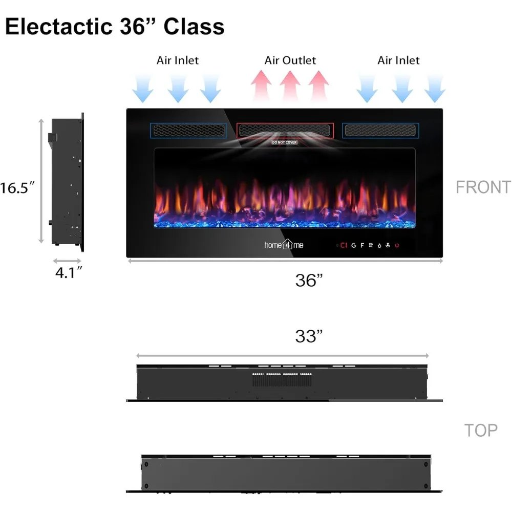 36인치 벽걸이형 및 매립형 전기 벽난로 히터, 750/1500W, 조절 가능한 불꽃, 독립형 옵션