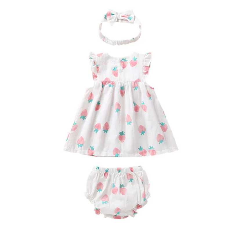 Girls Floral Bow Sleeveless Dress Set Baby Dress Triangular Pants Hairband 3 Pieces Set 0-2 Years Female Baby Summer Dresses