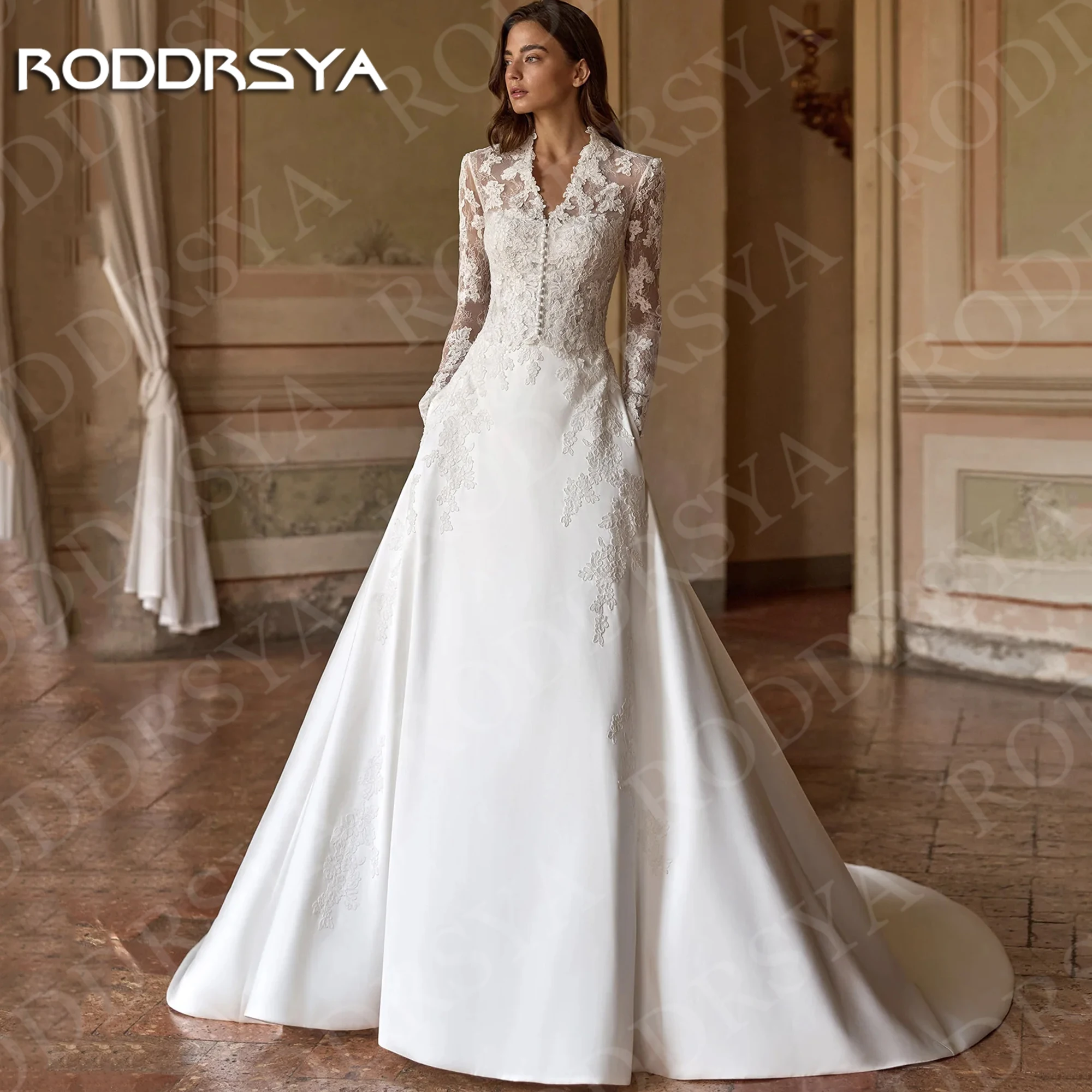 

RODDRSYA Modest Satin Wedding Dress with Long Sleeves V Neck Lace Appliques A Line Bridal Dresses Customized robe mariée 2026