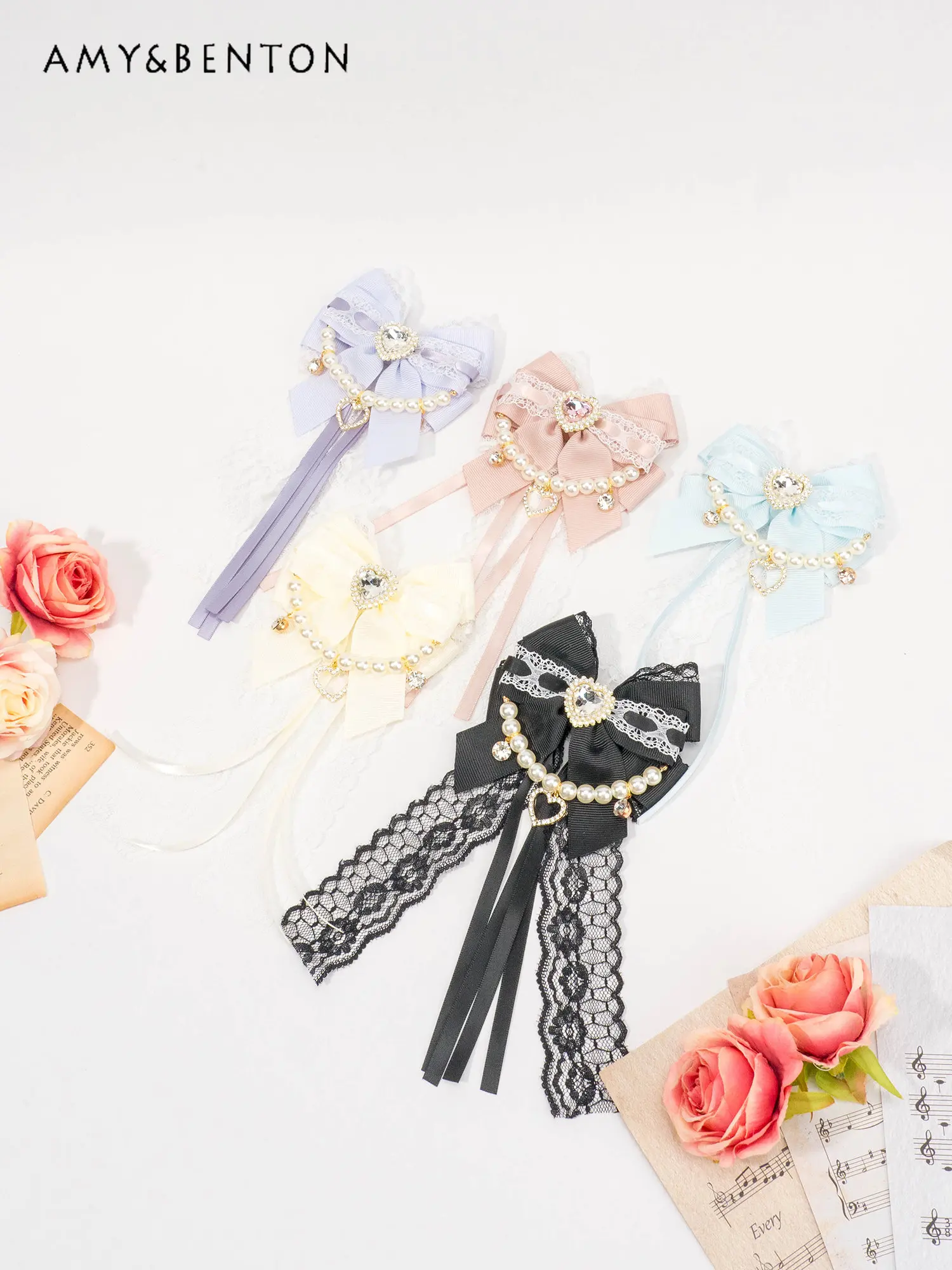 

Japanese Sweet Bow Barrettes A Pair of Hairclips Women Rhinestone Cute Hair Accessories Pearl Lace Hairbows for Girls