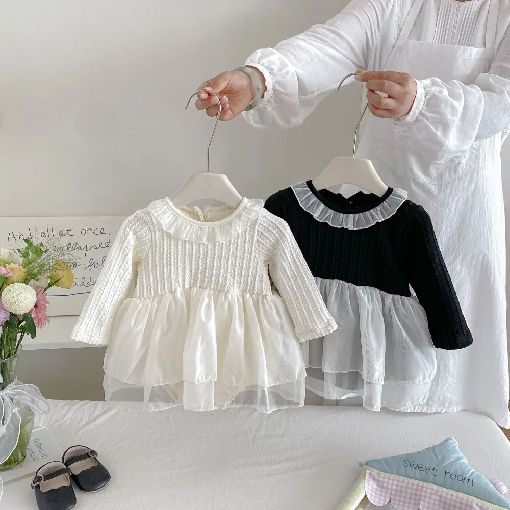 Princess Baby Girl Dress Romper 0-2Years Cute Newborn Long Sleeve Lace Collar Layered Skirted Bodysuit Birthday Party Clothes