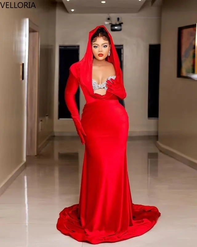 Sexy Red Mermaid Evening Dress Velvet Long Sleeve Deep V Beading Women's Ball Dress Open Chest Party Gown Customized