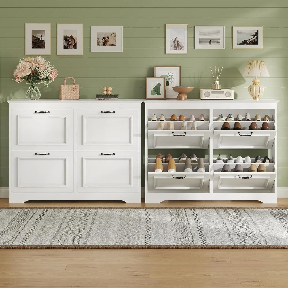 

Шкаф для обуви из 2 предметов с 4 откидными ящиками, шкаф для хранения обуви с металлической откидной подставкой, задняя пылезащитная пластина, скрытая полка для обуви, F