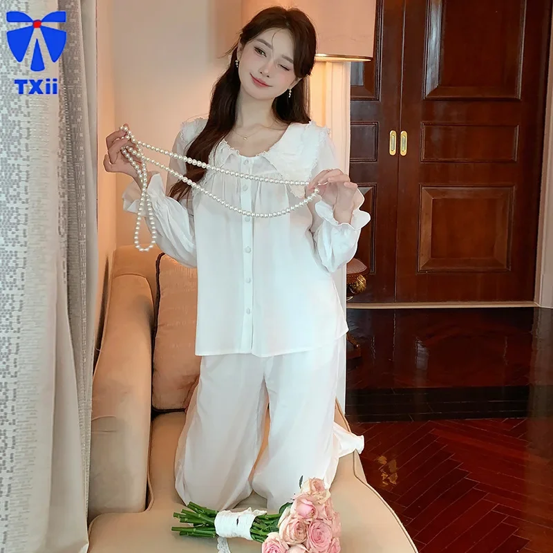 Pajamas Women\'s 2024 Summer Solid Color Long-sleeved Pants Two-piece Suit Loose Casual Cotton Home Clothes Spring and Autumn New