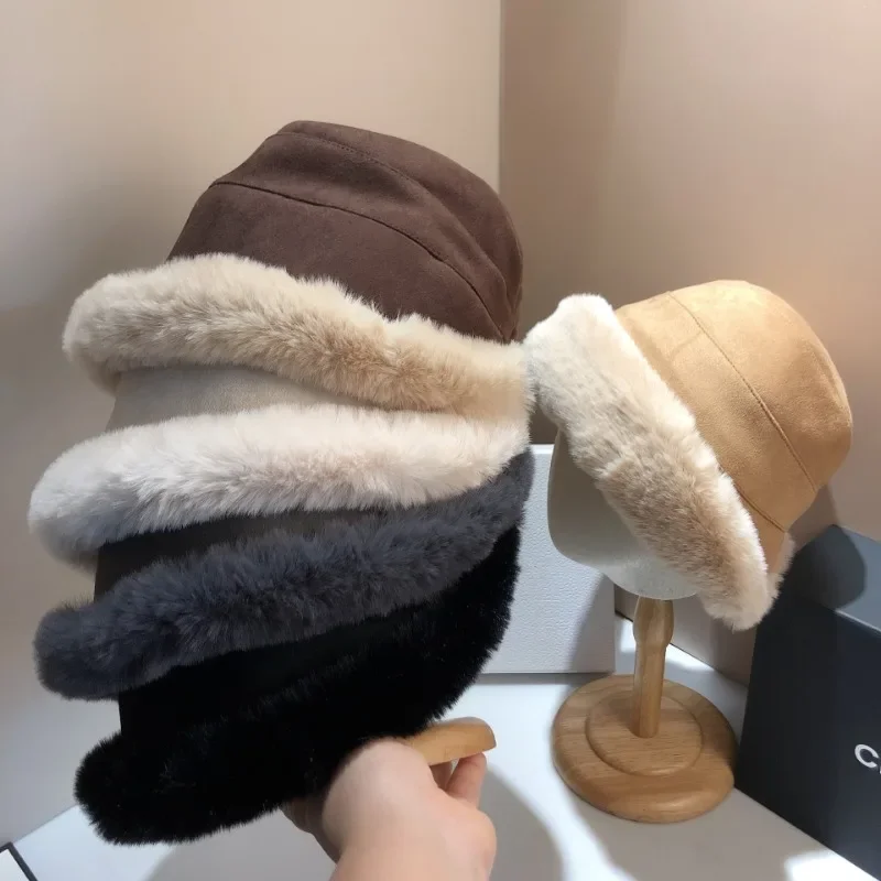 Fluffy Fur Panama Basin Cap For Women Winter Thick Plush Bucket Hat Solid Color Fisherman Cap Windproof Warm Girls Bonnet gorras