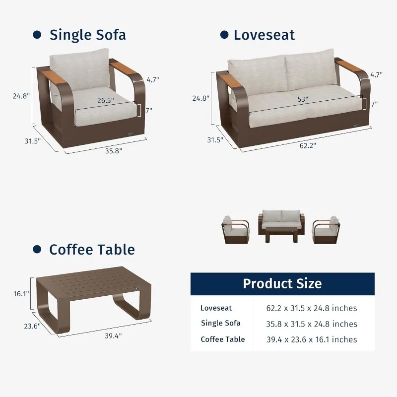 Pieces Patio , Outdoor Furniture with Aluminum Frame, Outdoor Loveseat and Coffee Table, Modern Patio Conversation Set