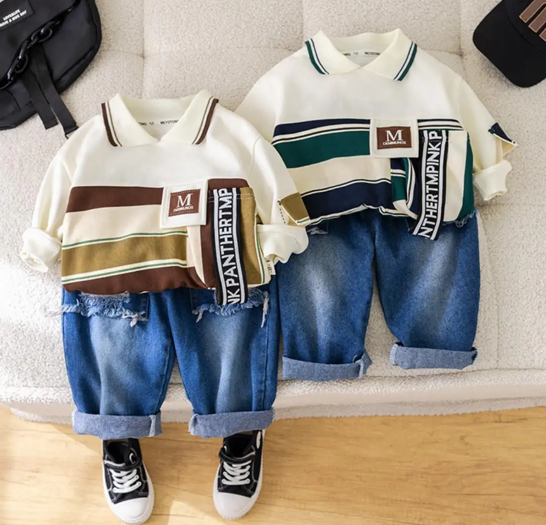 2024 Autumn Baby Outfits For Kids 6 To 12 Months Striped Pocket Pullover Long Sleeve T-shirts+Pants Children Boys Clothing Suit