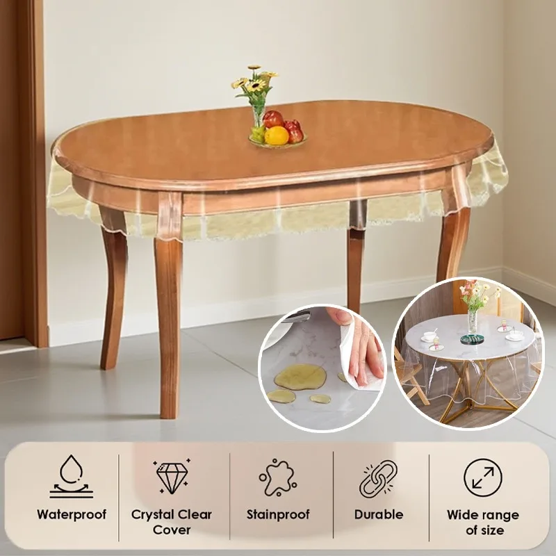 

Round PVC Transparent Tablecloth Waterproof Oilproof Heat Stain Resistant Easy Clean Closed Edge Cover for Dinner Coffee Tables