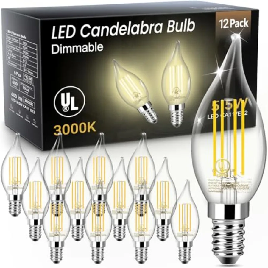 E12 LED Candelabra Bulb Dimmable, 60W Equivalent LED Chandelier Light Bulbs, 5.5W 600LM CA11 Flame Tip Vintage Filament Candle