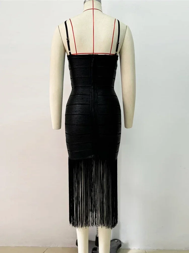 Sexy Spaghetti Strap Fringe Patchwork Lange Verband Kleid Frauen Schwarz Ärmellose Quaste Design Dünne Kleider Elegante Abend Party