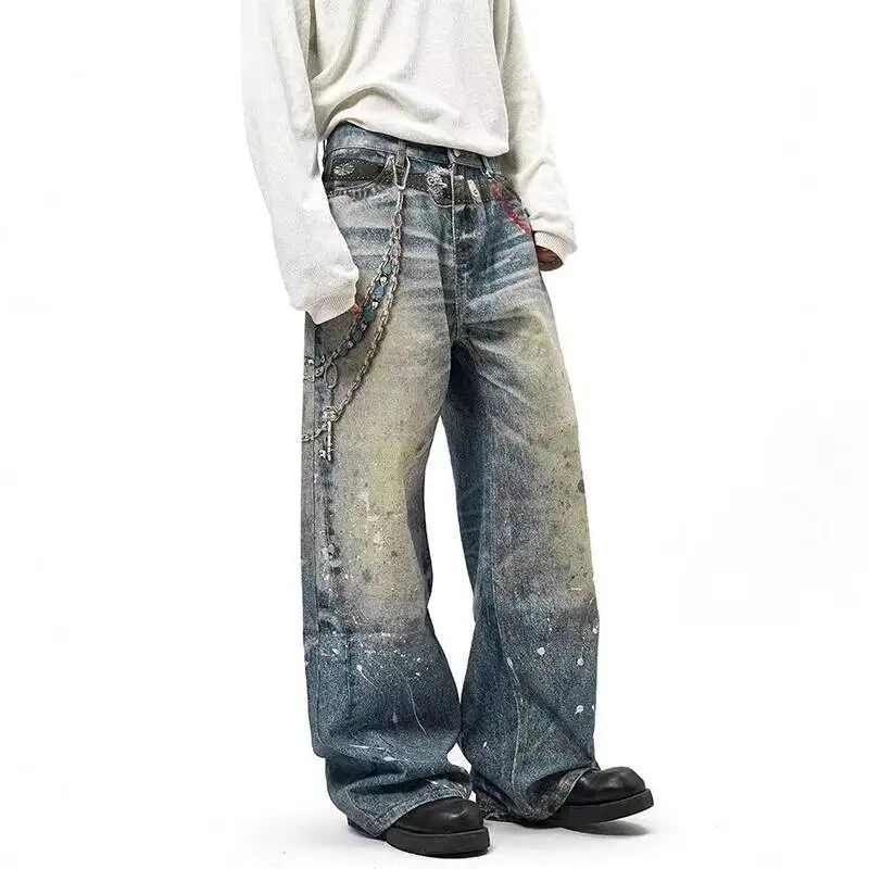 Niche Design Men's Denim Pants Chain Printing Contrast Color Splash-ink Casual Wide Leg Vintage Loose Male Jeans 9WHI6N