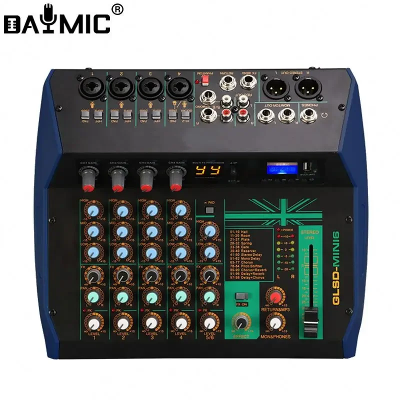 Best Seller AOSHEN Professional Portable 6 Channel Audio Mixer With Digital Stereo Sound Card DJ Mixer