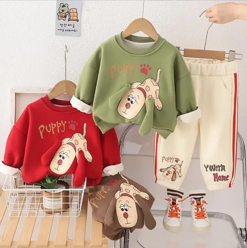 Autumn Winter Boutique Outfits for Toddler Boys Girls Clothes Cartoon Puppy Fleece Pullover Sweatshirt+Pants Christmas Kids Sets