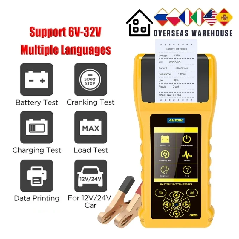 

AUTOOL BT760 Car Battery Tester with Thermal Printer 6- 32V Vehicle Auto Multi-language Battery Cranking Charging Max Load Test