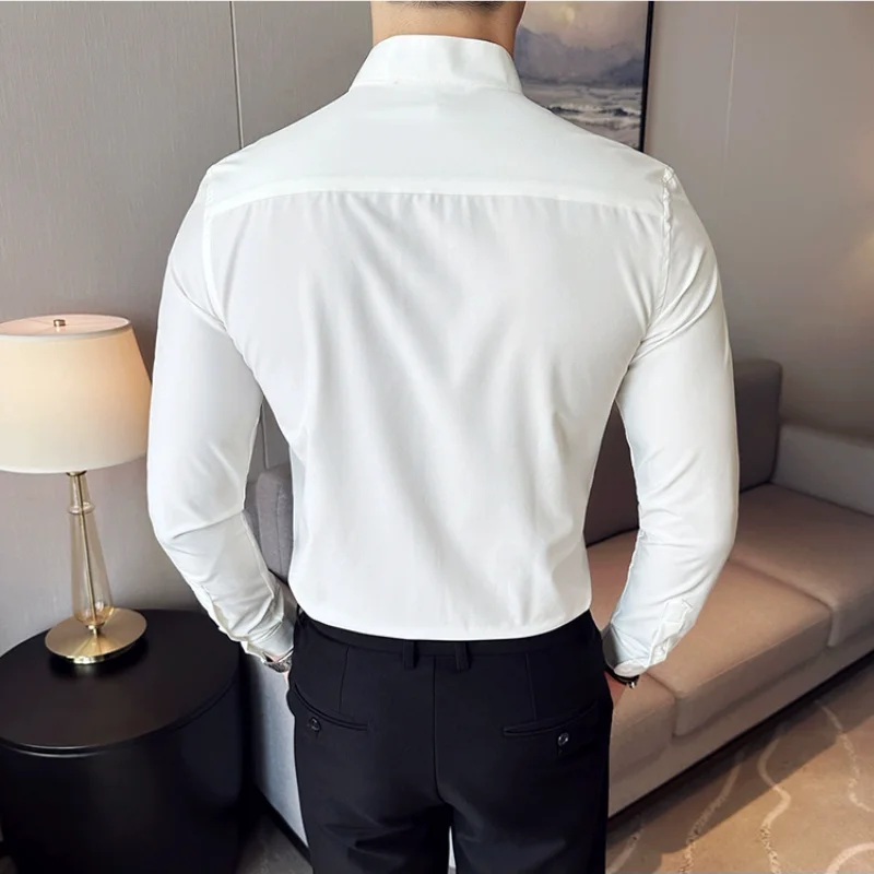 2023 Autumn New Stand Collar Solid Slim Shirts Mens Hide Buttons Design Luxury Long Sleeve Party Wedding Business Dress Shirts