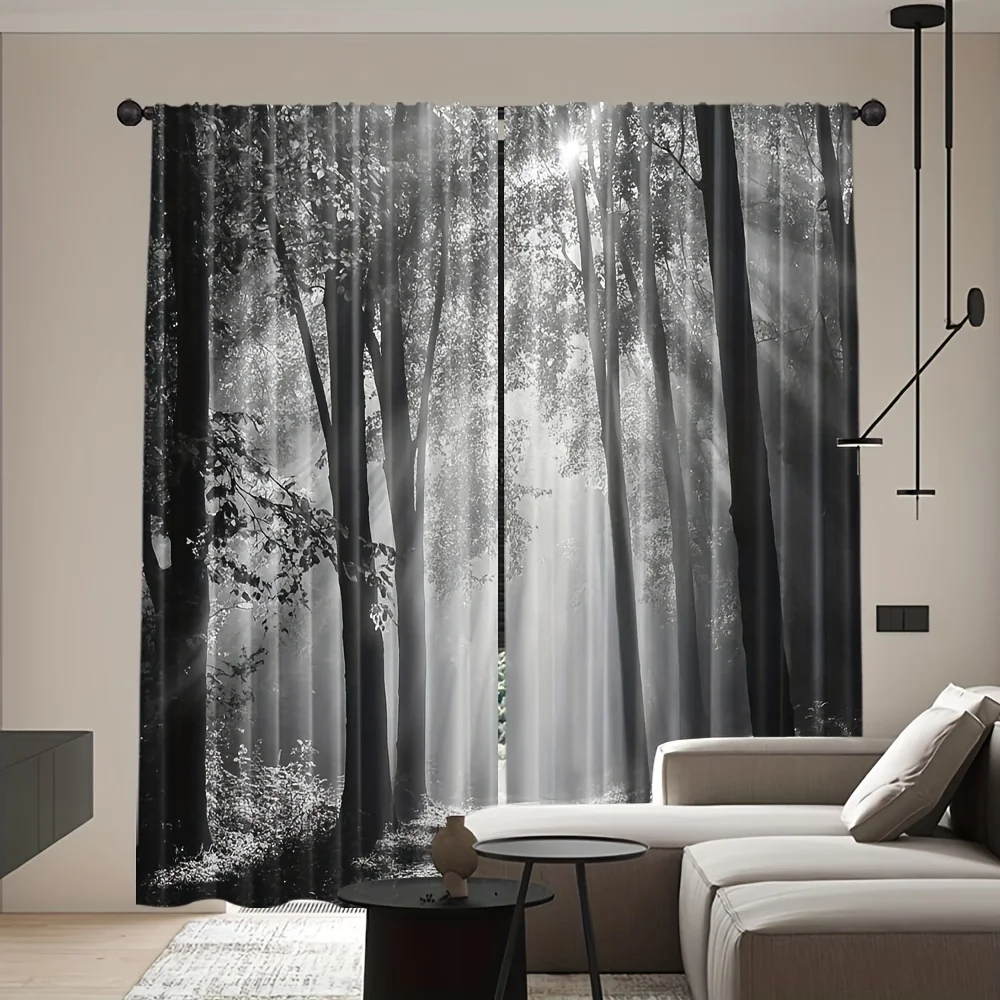 Black and White Forest Sunlight Pattern Curtains sheer light filtering room window drapery home decor