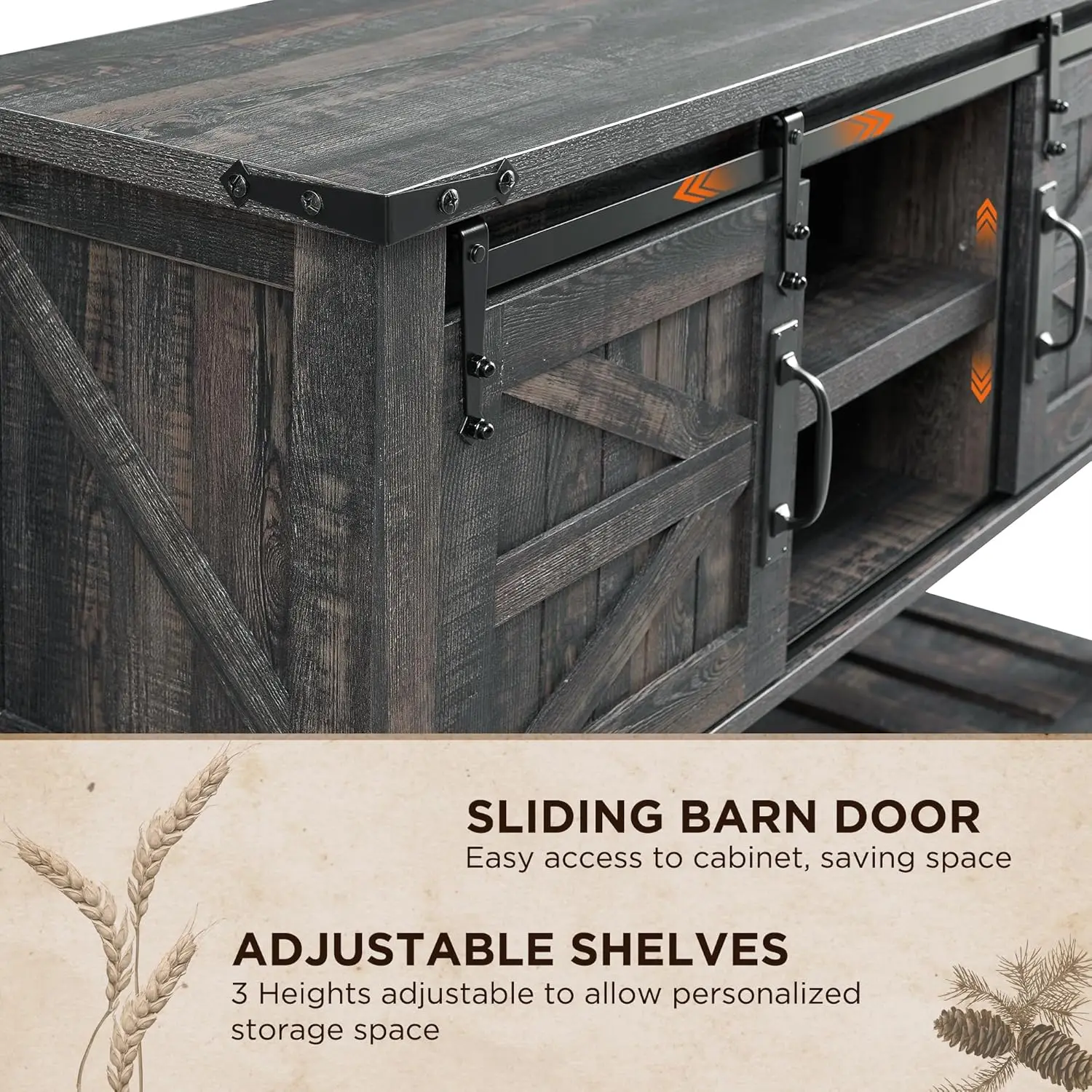 Farmhouse Console Table with Sliding Barn Doors, Rustic Sofa Table, Storage Shelf, Behind Couch, 46"