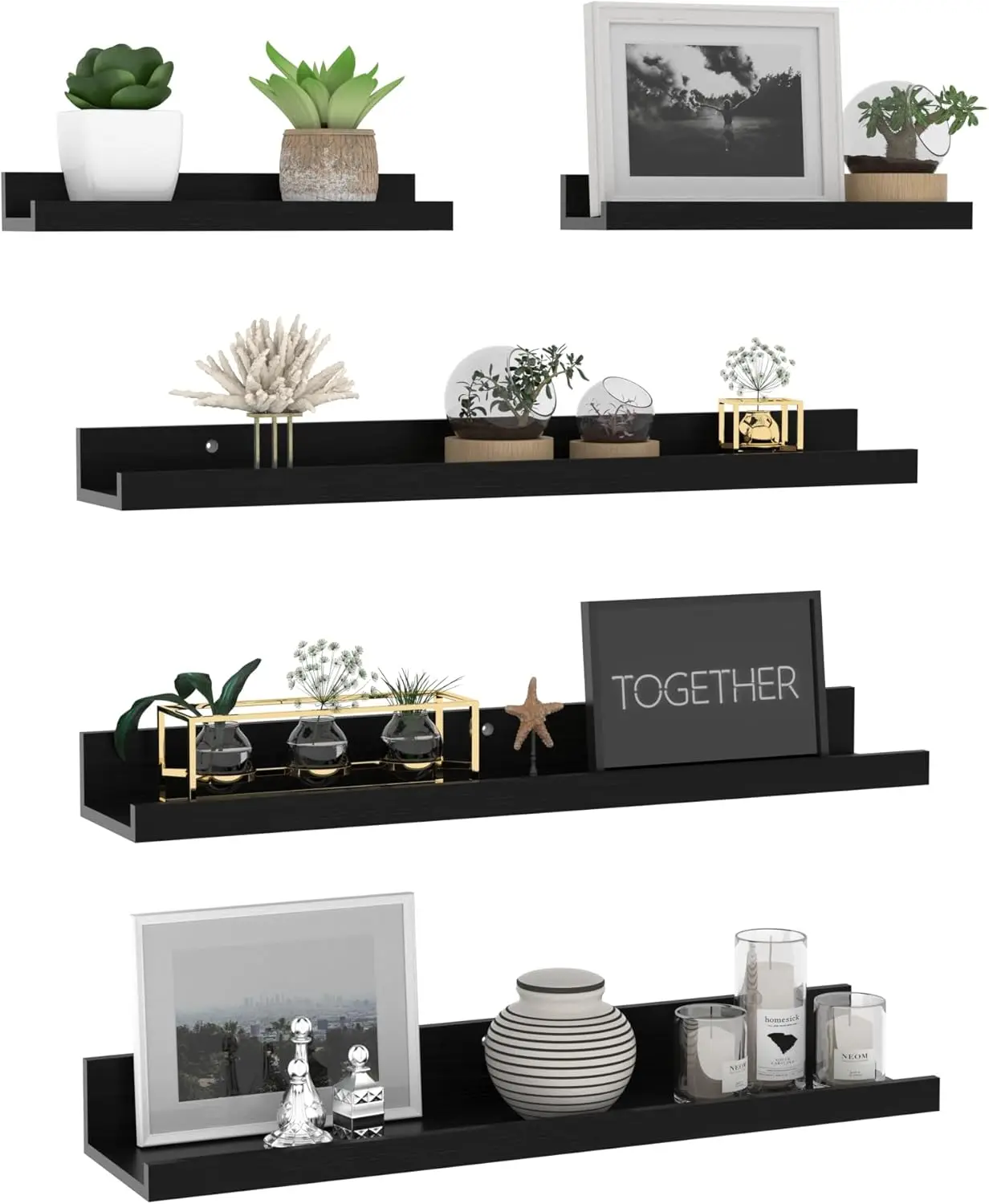 

24 Inch Wall Mounted Floating Shelves Set of 5, Black Wood Wall Shelves for Bathroom, Bedroom, Kitchen, Living Room Sto