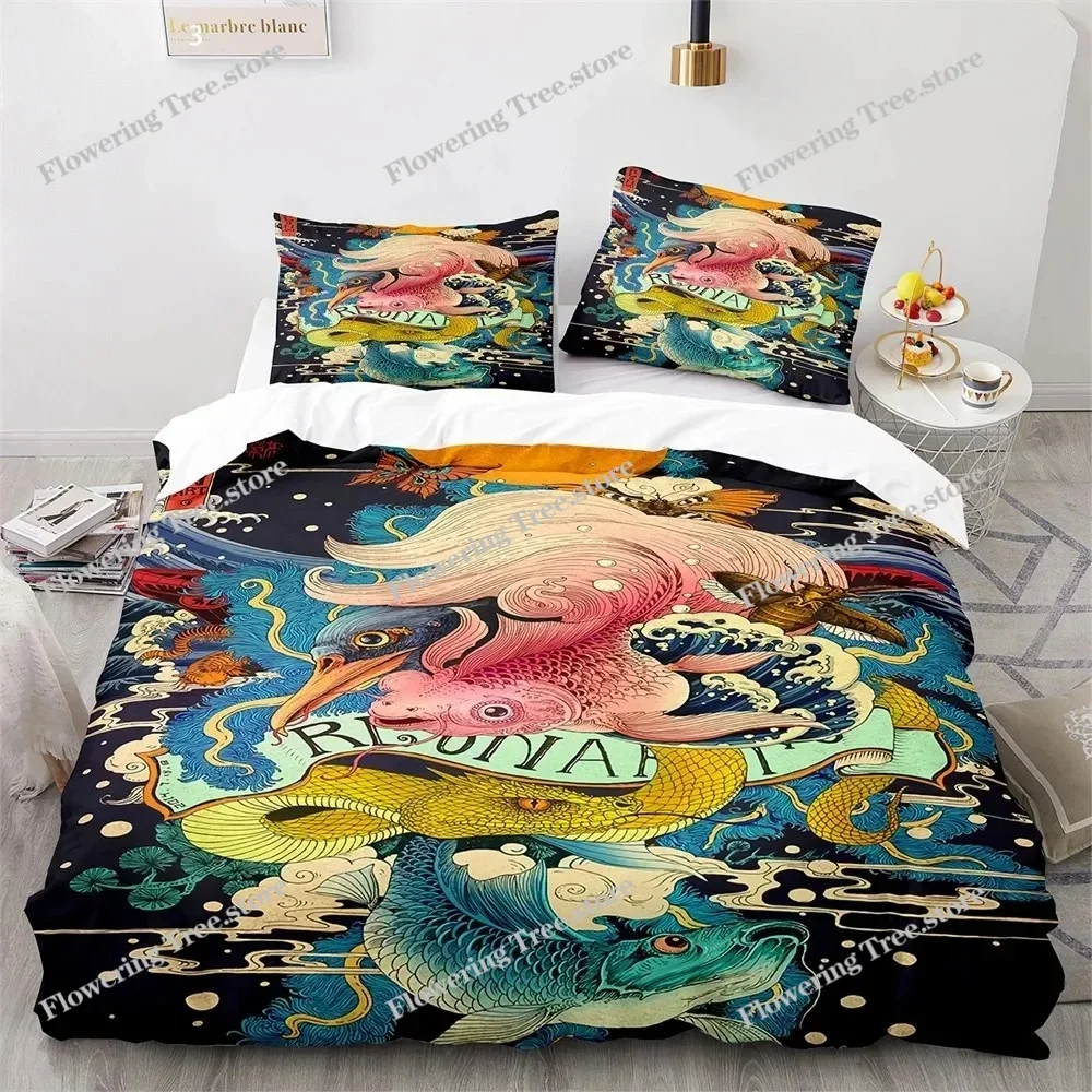 Japanese-Style Bedding Set Ukiyo-e Theme Comforter Cover Sea Wave Red Sun Pattern Decor Duvet Cover for Kids Teen King Full Size 6