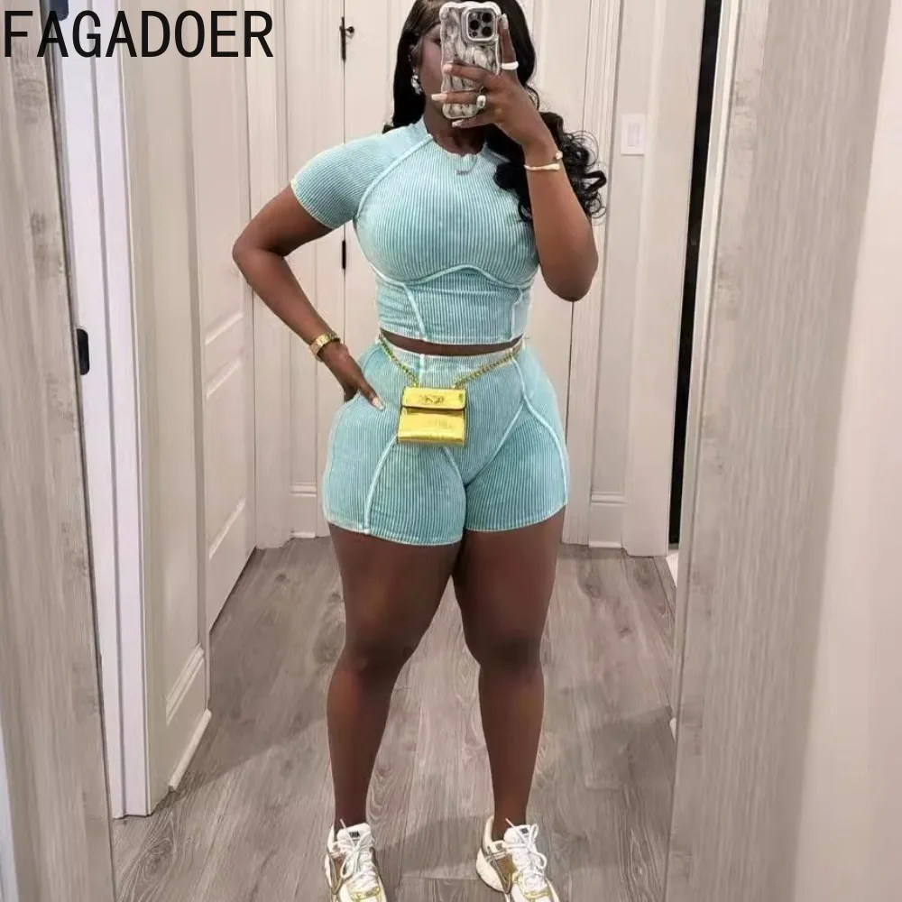 

FAGADOER Summer New Solid Ribber Two Piece Sets Women Round Neck Short Sleeve Crop Top And Shorts Outfits Female Sporty Clothing