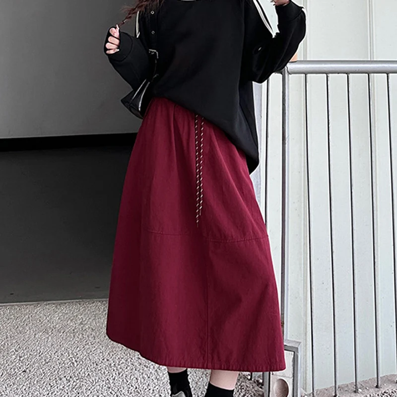 Japanese Harajuku Style Midi Skirts Women Solid Color Lace-Up Big Swing Mid-Length Skirt Streetwear Elastic Waist Skirt Ladies