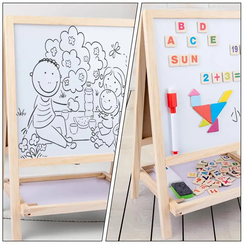 Standing Art Easel Wooden Drawing Board 2-In-1 Folding Double-Side Magnetic Writing Board For Kids Tabletop Chalkboard Signs