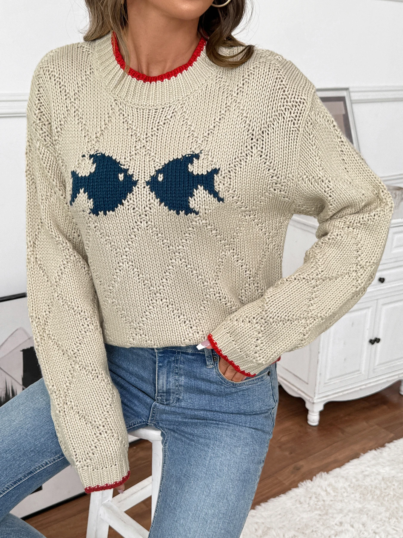 

Women's round Neck Pullover Sweater Autumn New Style European And American Cross-Border Trade Small Fish Pattern