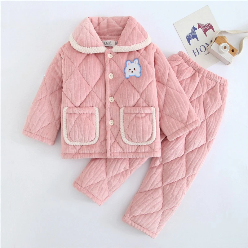 

2025 Kids Pajama Set, Quilted Flannel Loungewear for Boys & Girls Plush Winter Sleepwear
