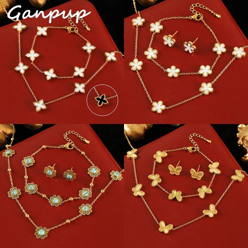 

GANPUP 316L Stainless Steel Flower Butterfly Clover Necklace Bracelet Earrings Set For Women Fashion Waterproof Jewelry Bijoux